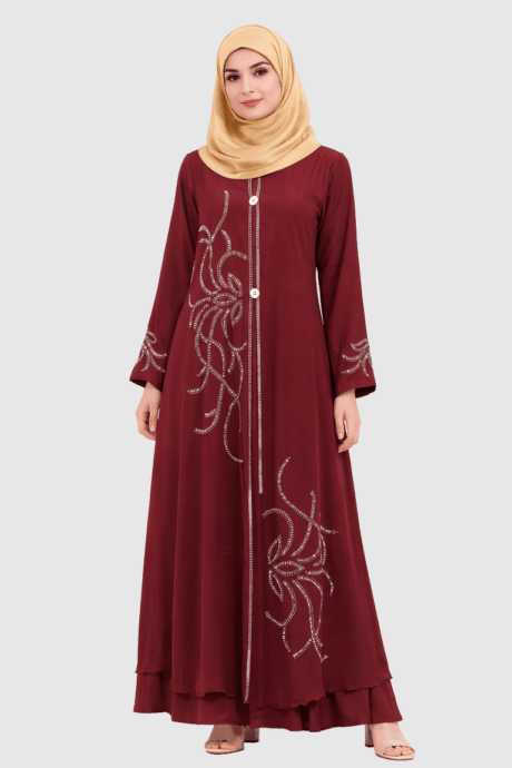 Burgundy Abaya With Golden Hijab