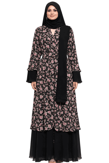 A-lined buttoned Abaya Black and Pink Floral