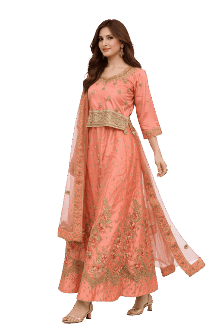 Peach Anarkali With Gold Embroidery
