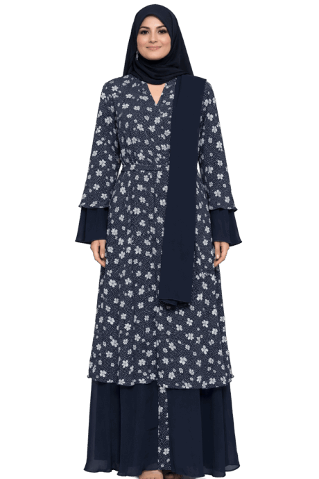 A-lined buttoned Abaya Blue Floral