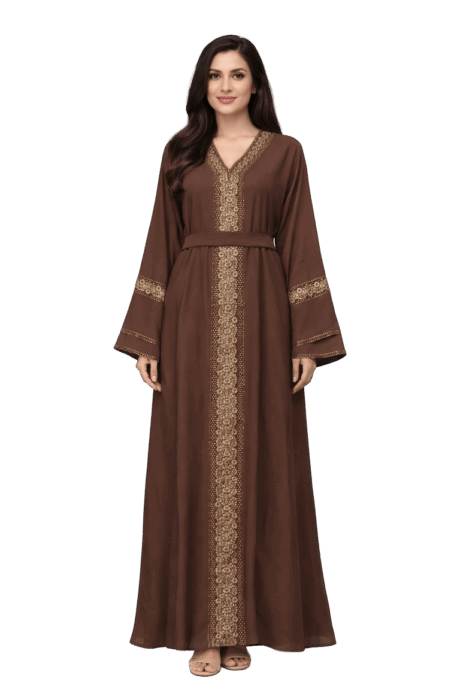 Brown and Gold Embroidery Abaya with Belt