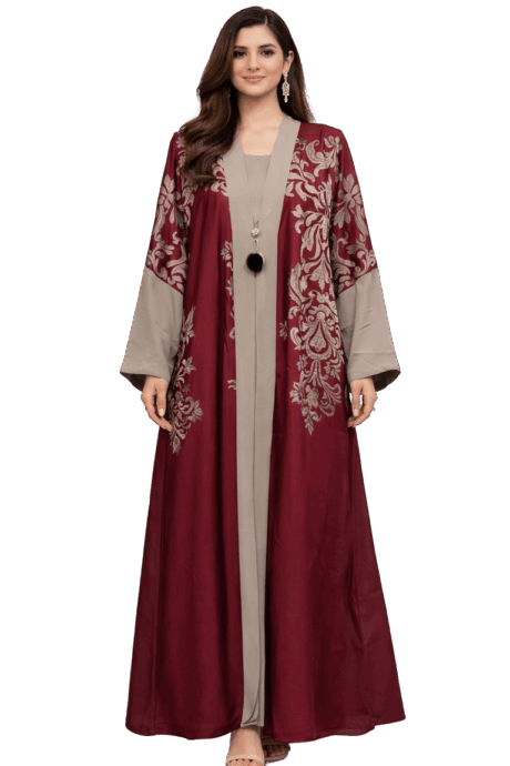 Burgundy Embroidery A-lined buttoned Abaya