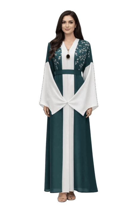 Emerald and White Abaya with Belt