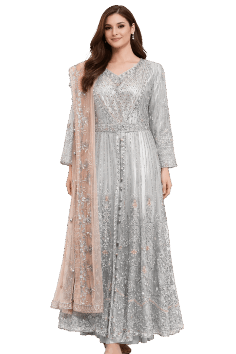 Silver Gown With Peach Dupatta