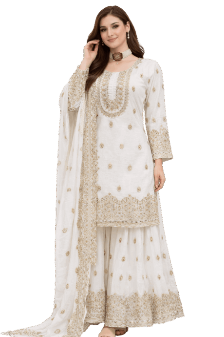 White Gharara With Golden Embroidery