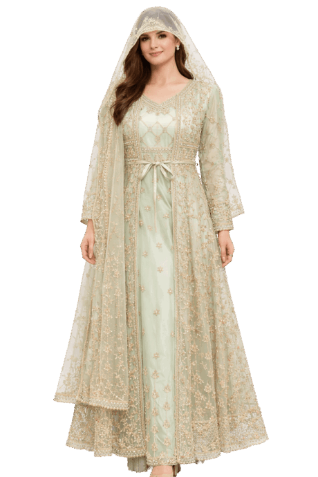 Pale Green Dress With Gold Embroidery