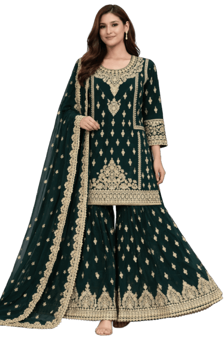Dark Green Gharara With Gold Embroidery